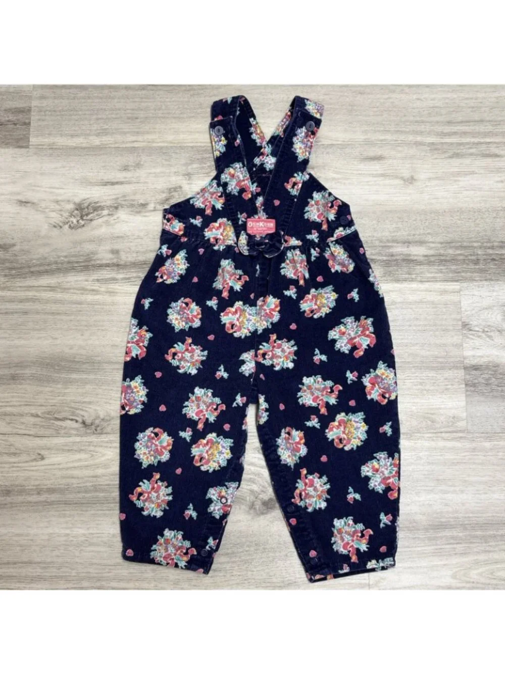 Vtg Osh Kosh Vestbak Corduroy Overalls Girls 3T Floral Print with Bow USA